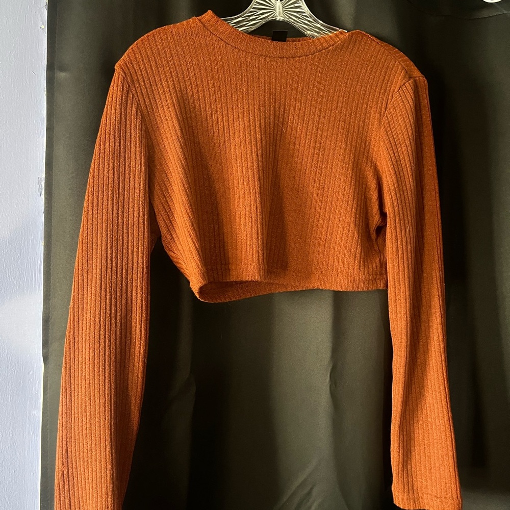SHEIN Orange Ribbed Long Sleeve Crop Sweatshirt